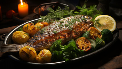 Grilled seafood fillet with fresh vegetables, healthy and delicious generated by AI