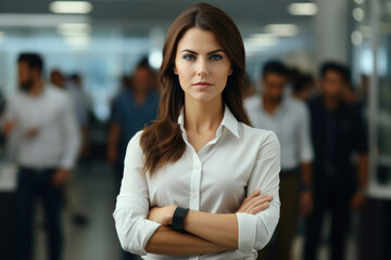 Woman confidently stands in front of diverse group of people. This image can be used to represent leadership, teamwork, or public speaking situations.