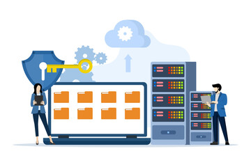 database security concept, data center, programming, engineer, technology, data transmission scheme, secure connection. server rooms, data centers, and databases. safe and secure flat vector.