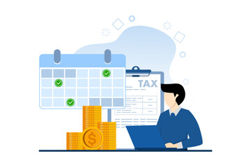 Tax payment concept, income tax, business tax consultant, finance and accounting, document tax, income, banner for website landing page, flat vector illustration on a white background. - obrazy, fototapety, plakaty