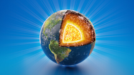 Earth molten lava iron nickel core. Visual artistic geological cutout of the globe to show the interiors of the planet. Geology study to show structure of tellus. North and south america visible. 3d