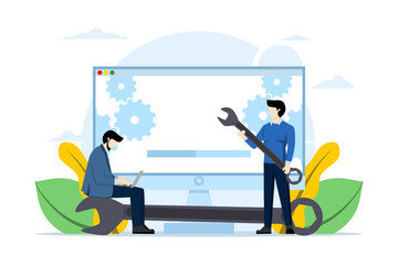 Concept of system maintenance, program and application update, technology, engineer, error, problem fix, device update, software upgrade process, system update, operating system update.
