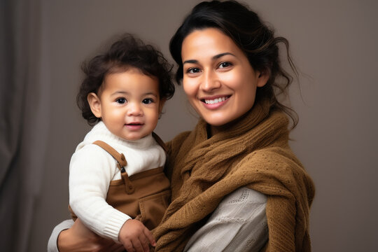 Woman holding baby in her arms. This heartwarming image captures love and bond between mother and child. Perfect for family-themed projects or illustrating joy of parenthood.