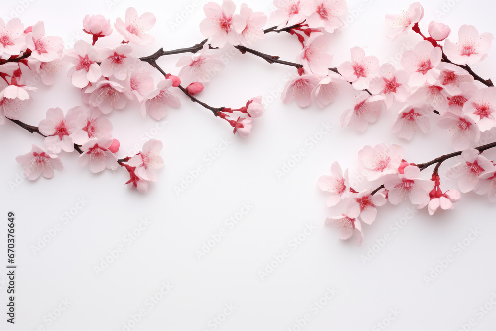 Poster Branch of pink flowers resting on smooth white surface. Perfect for adding touch of beauty and elegance to any design project.