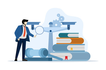 Obraz premium Law and justice scene concept. lawyer consultant client, judge knocks with wooden gavel. Legal advice concept and consultation. Consideration. Flat vector illustration for banners and websites.