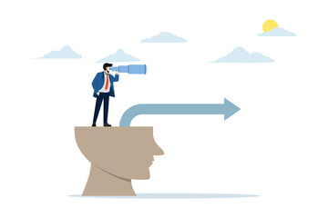 Concept of mindset and vision of a leader in making business decisions, Brain makes decisions, Businessman finds the way forward from his head, flat vector illustration on white background.