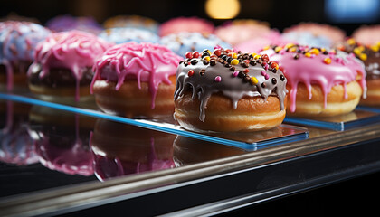Gourmet donut with icing, chocolate, and multi colored sprinkles generated by AI - obrazy, fototapety, plakaty