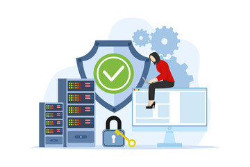 database security concept, data center, programming, engineer, technology, data transmission scheme, secure connection. server rooms, data centers, and databases. safe and secure flat vector. - obrazy, fototapety, plakaty