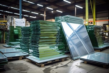 pile of mirror panels stored in a factory warehouse - obrazy, fototapety, plakaty