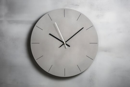 frameless, minimalistic wall clock on a grey concrete wall