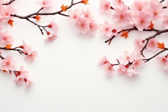 Close-up photograph of cherry tree branch covered in delicate pink flowers. This picture can be used to add touch of natural beauty and color to any project.