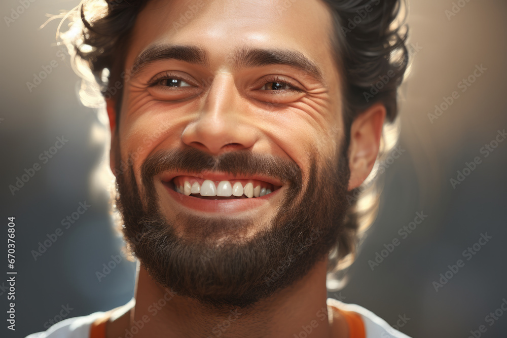 Poster man with beard smiling directly at camera. this picture can be used for various purposes.