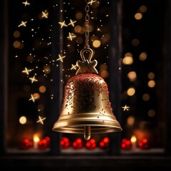 A golden christmas bell on a black background.