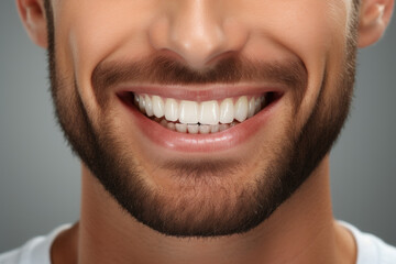 Fototapeta premium Close-up shot capturing smiling face of man with beard. This image can be used to convey happiness, positivity, and confidence. Suitable for various projects and designs.