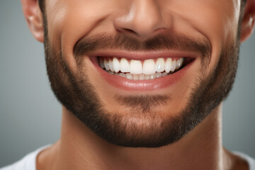 Fototapeta premium Close-up view of man with beard wearing smile. This image can be used to convey happiness, positivity, and approachability. Ideal for marketing, advertising, and social media campaigns.