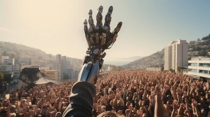 Humanoid robot's hand raises up infront of cheering crowd. AI take control of human. Artificial Intelligence rules over humanity. - obrazy, fototapety, plakaty