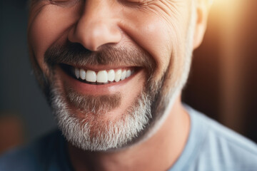 Close-up shot of man with beard wearing smile. This image can be used to portray happiness, positivity, and confidence. It is suitable for various projects and designs. - obrazy, fototapety, plakaty