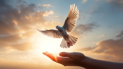 Hand lets the bird go, releases it or sets it free with morning sunlight in the background. Freedom, set free, independence, liberty, and release concept. - obrazy, fototapety, plakaty