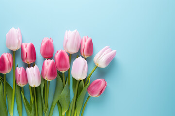 Bunch of pink tulips arranged on vibrant blue surface. Perfect for spring-themed designs and floral arrangements.