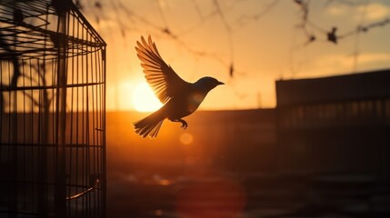 A bird frees itself flying out of the cage with morning sunlight in the background. Freedom, courage, independence, liberty, and release concept. - obrazy, fototapety, plakaty