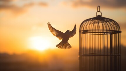 A bird frees itself flying out of the cage with morning sunlight in the background. Freedom, courage, independence, liberty, and release concept.