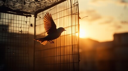 Fototapeta premium A bird frees itself flying out of the cage with morning sunlight in the background. Freedom, courage, independence, liberty, and release concept.