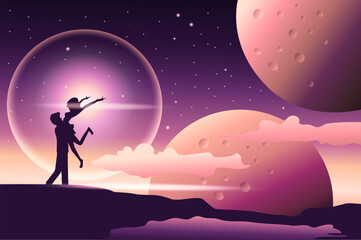 silhouette illustration of romantic couple, man carrying his girlfriend on the sky. vector illustration