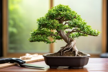 bonsai tree with small pruning scissors for trimming
