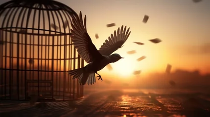 Fotobehang A bird frees itself flying out of the cage with morning sunlight in the background. Freedom, courage, independence, liberty, and release concept. © KikkyCNX