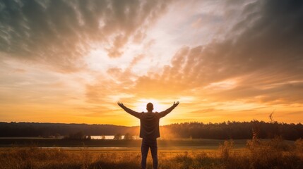 A man standing alone and spreading his hands with joy and inspiration while facing the sun and the sky. Happiness, liberty, freedom, and independence concept