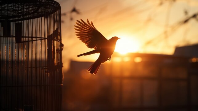 A bird frees itself flying out of the cage with morning sunlight in the background. Freedom, courage, independence, liberty, and release concept.
