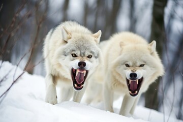pair of wolves growling over territory mark