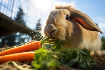 elderly rabbit munching on carrot - obrazy, fototapety, plakaty