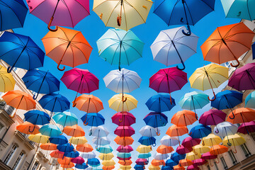 Fototapeta na wymiar multi-colored umbrellas suspended above the street, view from below