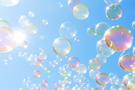 iridescent bubbles floating in a sunny sky at a daytime party
