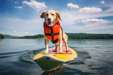 Foto op Canvas a dog in a life vest on a paddleboard on lake © Natalia