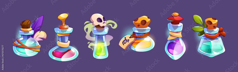 Aufkleber magic game elixir potion bottle cartoon icon set. medicine glass flask with poison ui vector illustr