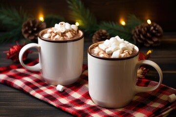 two mugs of hot cocoa sitting side by side on a wooden table