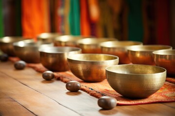 singing bowls arranged on a wooden table