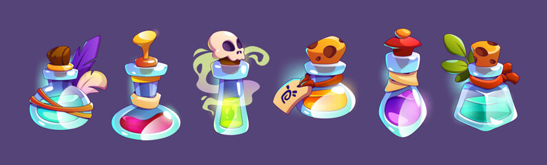 Obraz premium Magic game elixir potion bottle cartoon icon set. Medicine glass flask with poison ui vector illustration for rpg lab interface. Wizard alchemy glow object with skull 2d gui elements collection