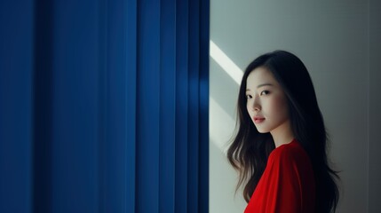 asian woman in red dress standing at window interior editorial modern home 