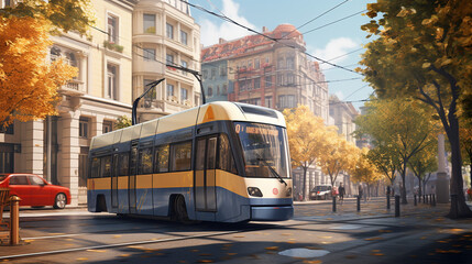 Obraz premium City Tram Passing by in an Urban Street