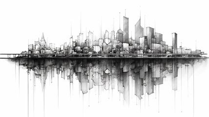 black and white sketch city with reflection drawing in watercolor pencil. - obrazy, fototapety, plakaty