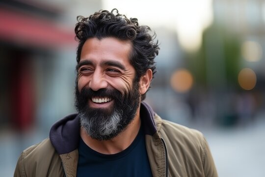 Portrait of a handsome bearded man smiling at the camera in the city