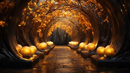 Poster luminous arch tunnel in the trees alley in golden leaves autumn background. © kichigin19