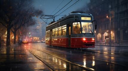 City Tram Passing by in an Urban Street