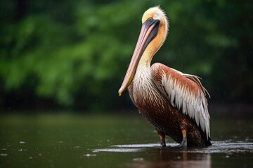 a wet pelican standing by a lake after rain