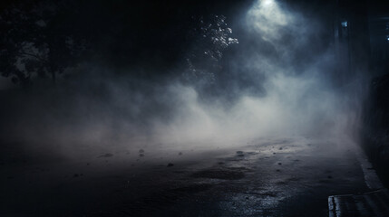 Fog on cement with defocused smoke in Halloween dark.