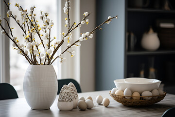 Fototapeta na wymiar Home interior with easter decor. Spring flowers in a vase, easter eggs on a light background