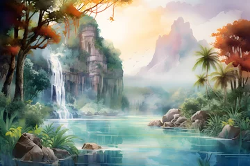 Fototapeten watercolour painting of the paradise landscape, a picturesque natural environment in soft harmonious colours © sam